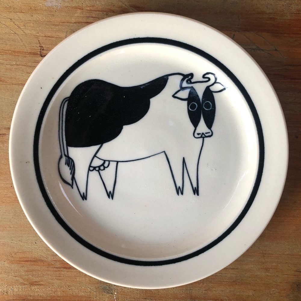 Small 7” Ceramic Plate Black & White Folk Art Cow Hand Painted by Karen Donleavy